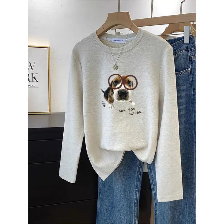 爆款正肩磨毛长袖t恤女装时尚浅花灰色加厚内搭打底衫上衣服秋冬