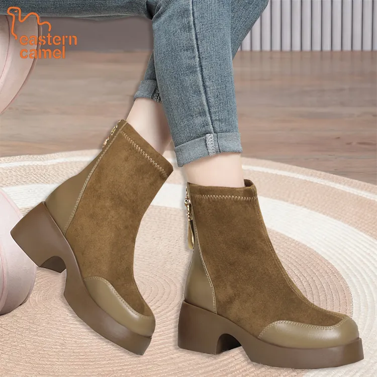 东方骆驼秋冬新款加绒保暖烟筒靴厚底弹力靴女瘦瘦靴粗跟马丁靴