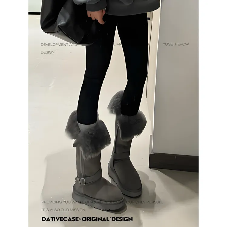 定制灰色高筒雪地靴女2025新款秋冬季厚底长靴加绒加厚保暖棉靴子
