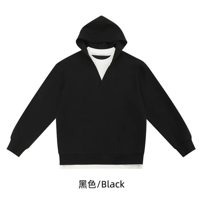 【春季新品】假两件设计套头长袖V领连帽卫衣男女同款休闲宽松百搭