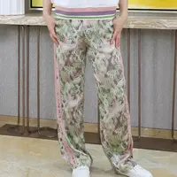 不规则图案配粉色条纹直筒裤休闲裤女