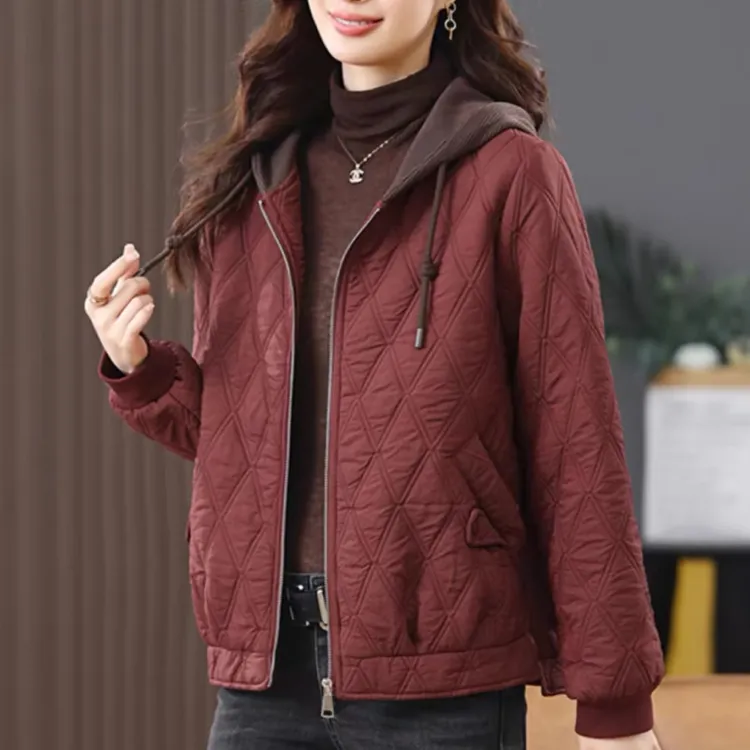 秋冬时尚连帽菱格夹棉女士短款宽松休闲妈妈外套