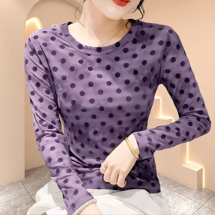 2025修身显瘦减龄款上衣女款圆领t恤秋季出游服装女波点长袖女