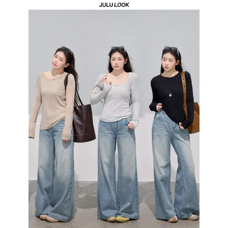 巨鹿工作室“曙光”微胖mm宽松百搭做旧磨白阔腿裤长裤大码牛仔裤