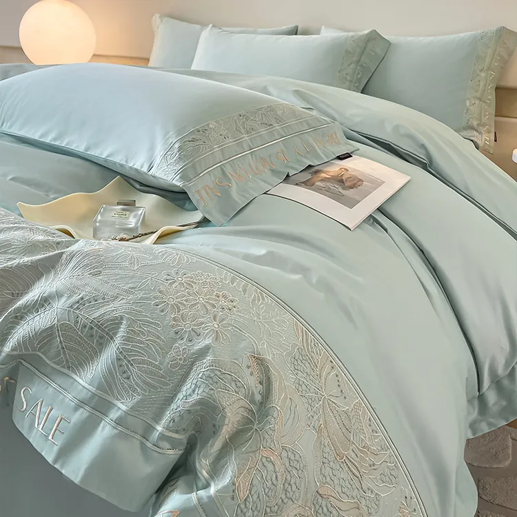 富安娜系列轻奢高级感A类200支全棉四件套刺绣高档纯棉床单床笠