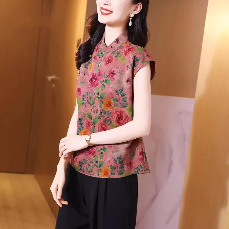 新中式红云纱真丝衬衫女夏季高端斜襟短袖复古正宗花萝桑蚕丝小衫