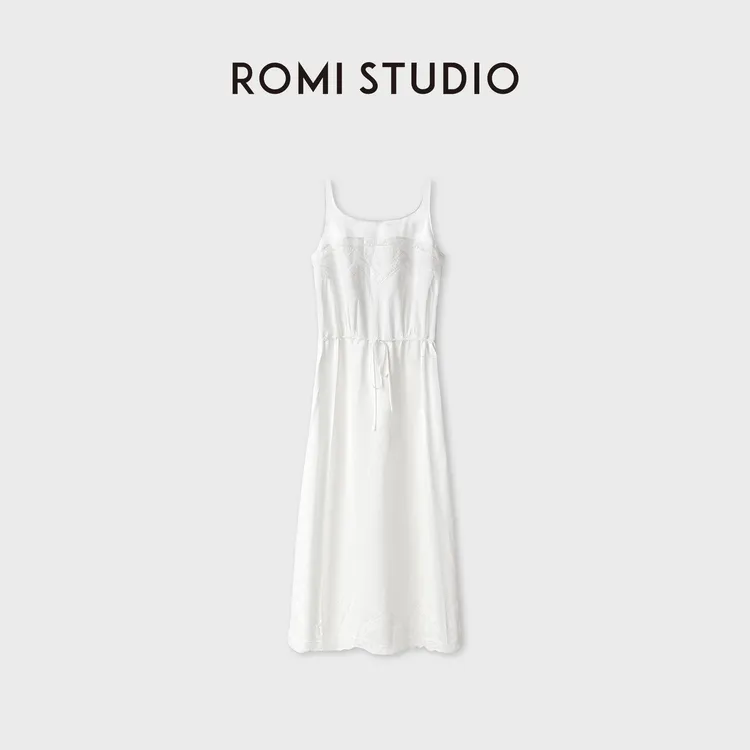 ROMI STUDIO醋酸混纺定染珍珠白缎重工绣花蕾丝连衣裙 RWDRLY3937