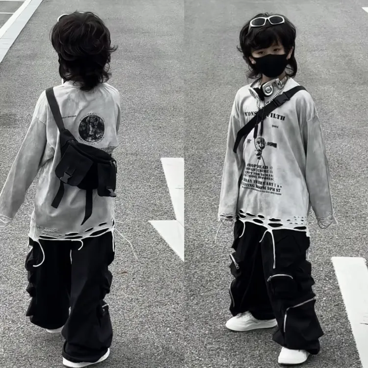 乐乐家儿童春秋款手工破洞复古水洗棉质上衣打底衫长袖百搭