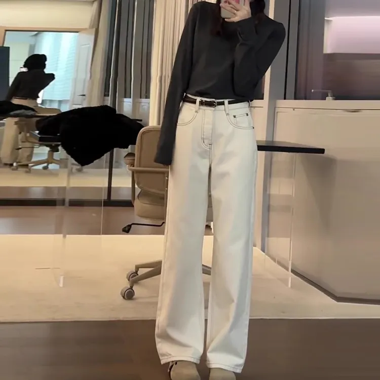 米杏色直筒牛仔裤女秋季2025新款小个子高腰宽松垂感阔腿裤子春秋