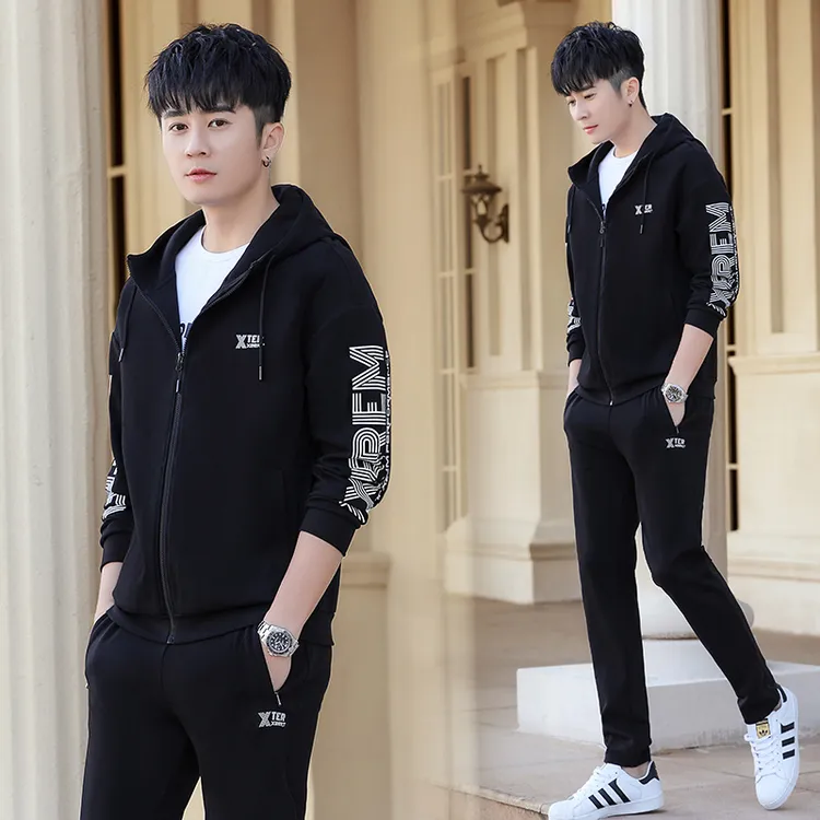 高端男士运动套装春秋季新款连帽卫衣时尚潮大码青年男跑步运动服