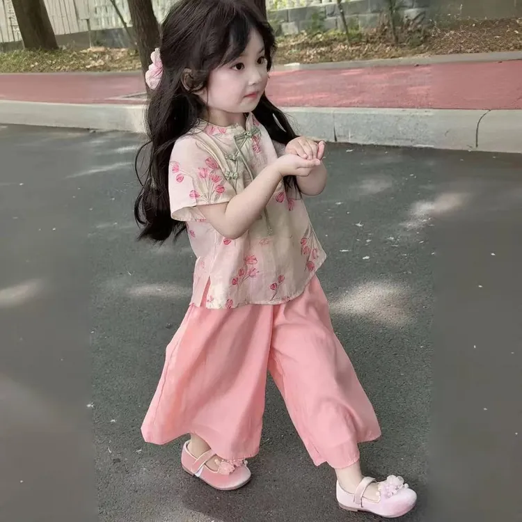 女童套装夏季新款女宝宝新中式国风夏装薄款盘扣短袖阔腿裤两件套