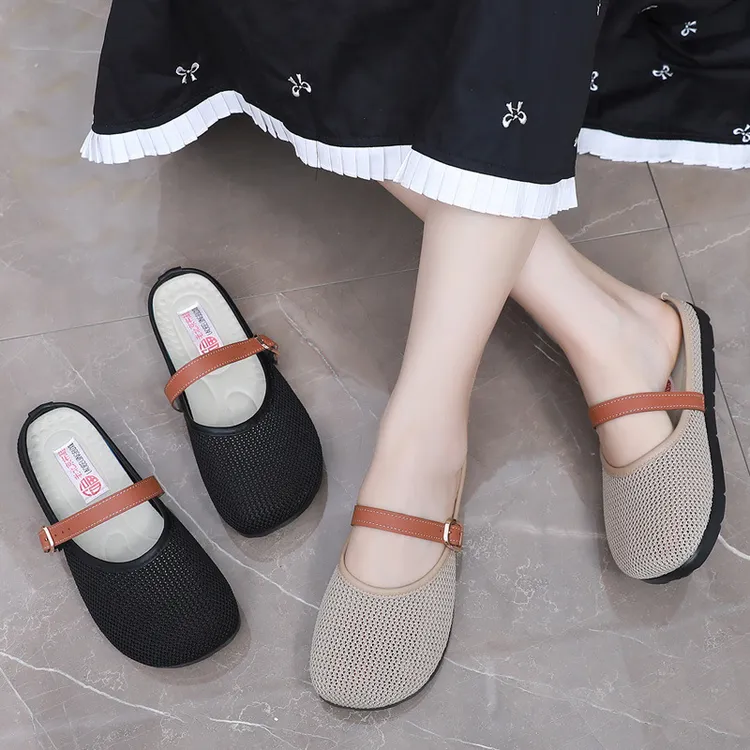 2025夏季新款飞织网面包头半拖鞋透气百搭女外穿一脚蹬渔网凉拖鞋