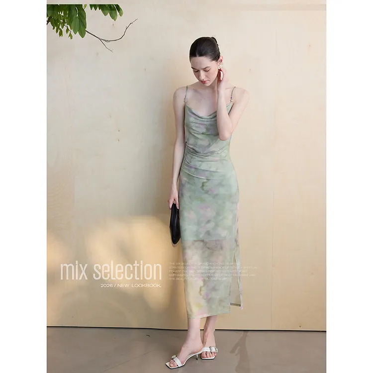 Mix Selection|绿野仙踪 网纱印花吊带连衣裙不规则捏褶MSBKQ0278