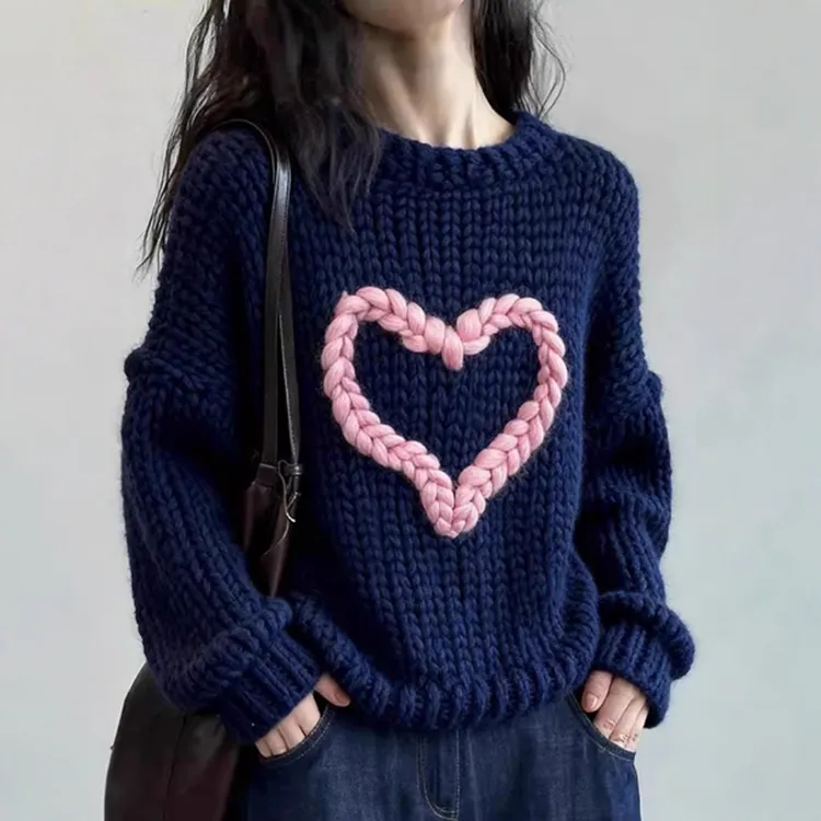韩系藏青色慵懒松弛感毛线衣粗线爱心毛衣厚实软糯针织上衣女冬季