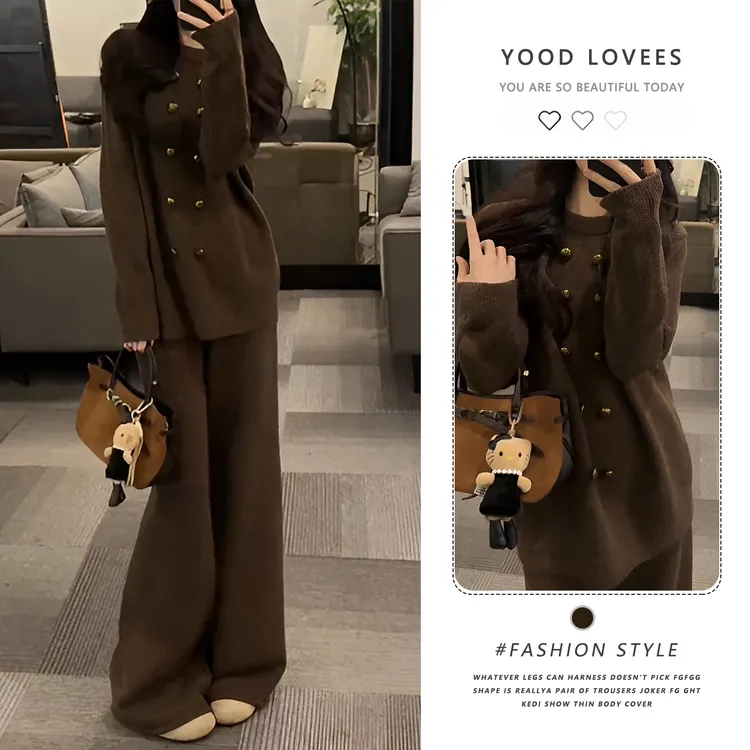 高级感时尚针织套装女秋冬2025新款独特漂亮气质咖色毛衣两件套女