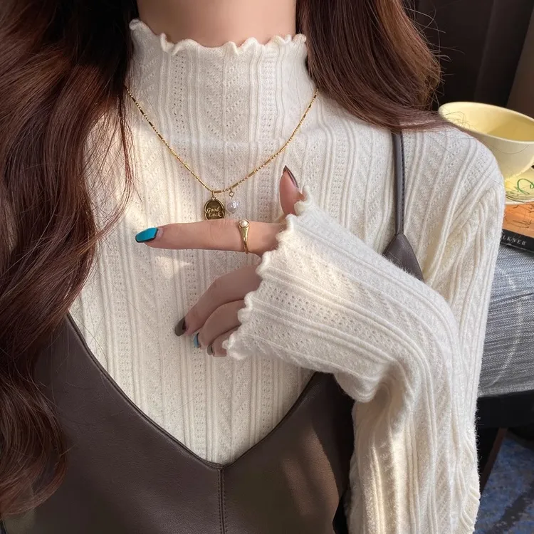 白色打底衫女2025新款春秋内搭高级感半高领毛衣木耳边针织衫上衣