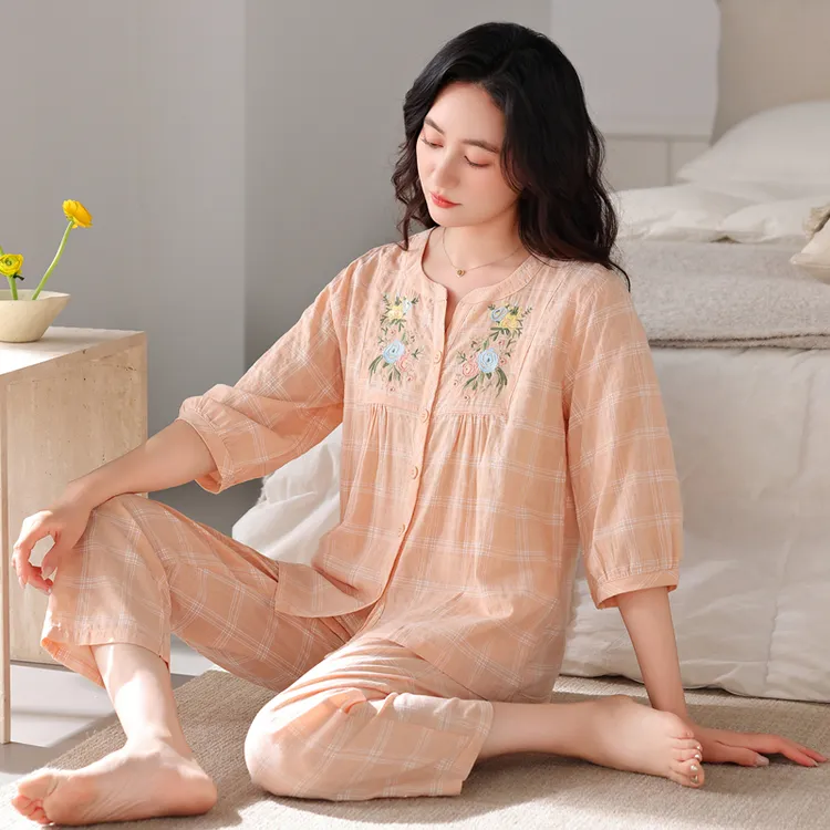睡衣女夏季七分袖长裤纯棉新款女士宽松开衫春秋季夏天薄款家居服