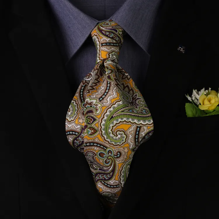 古着10CM手打黄色腰果衬衫领带男商务宽版港风仿真丝伴郎新郎结婚