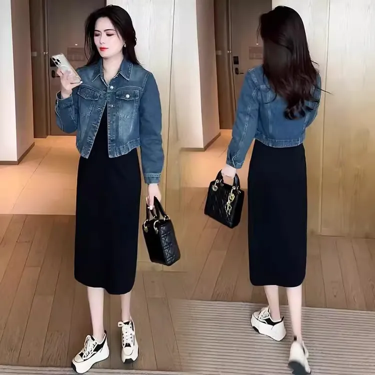 时尚连衣裙套装女2025春秋季新款复古短款牛仔外套+背心裙两件套