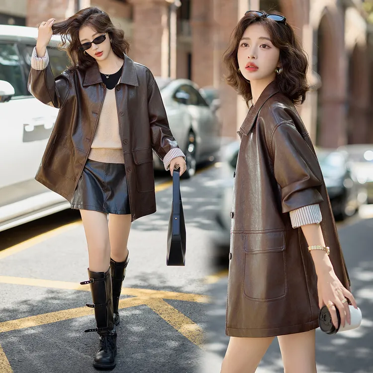 秋季方领落肩袖中长款水洗皮衣秋冬宽松短款小个子