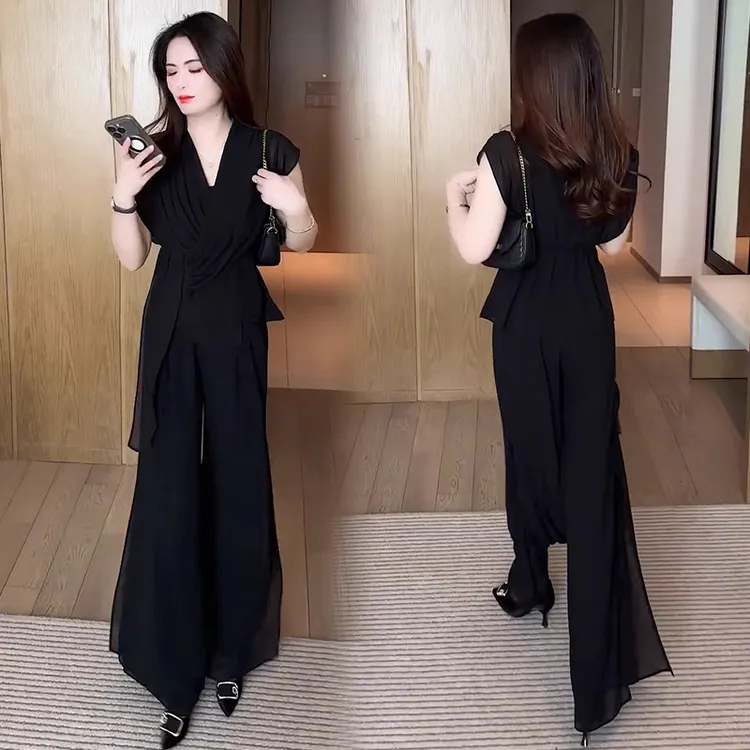 时尚套装女2025夏季新款洋气减龄显瘦百搭短袖上衣阔腿裤两件套潮