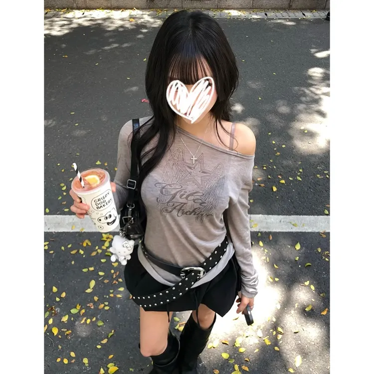 梦优莱小众炸街高级感别致印花长袖T恤女装秋季新款修身显瘦上衣