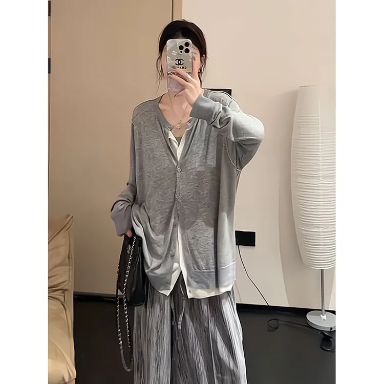 灰色高级感简约百搭假两件长袖针织开衫扎染慵懒阔腿休闲裤遛弯裤