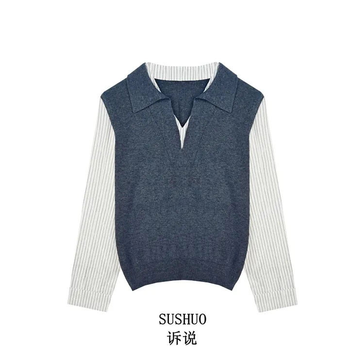 秋冬拼接衬衫袖假两件休闲百搭针织衫HRG6303