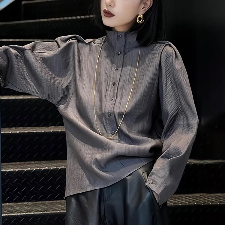 法式灰色长袖衬衫女2025秋季新款时尚洋气轻奢高级感独特小衫上衣