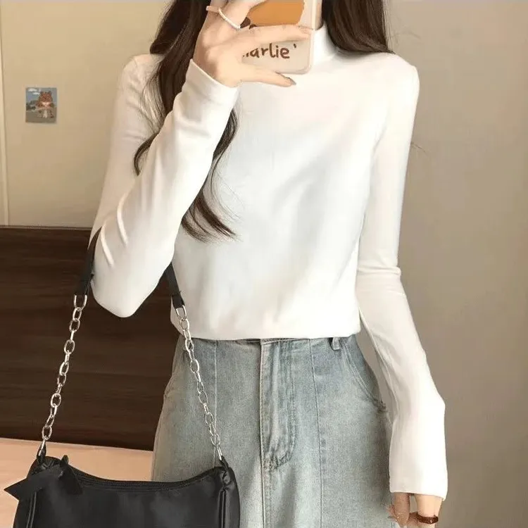 80-200斤半高领长袖秋冬白色显瘦女胖MMT恤德绒加绒加厚打底保暖