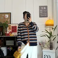 YZJ【落日沙丘】大码秋季氛围V领条纹宽松遮肚藏肉针织长袖开衫上衣