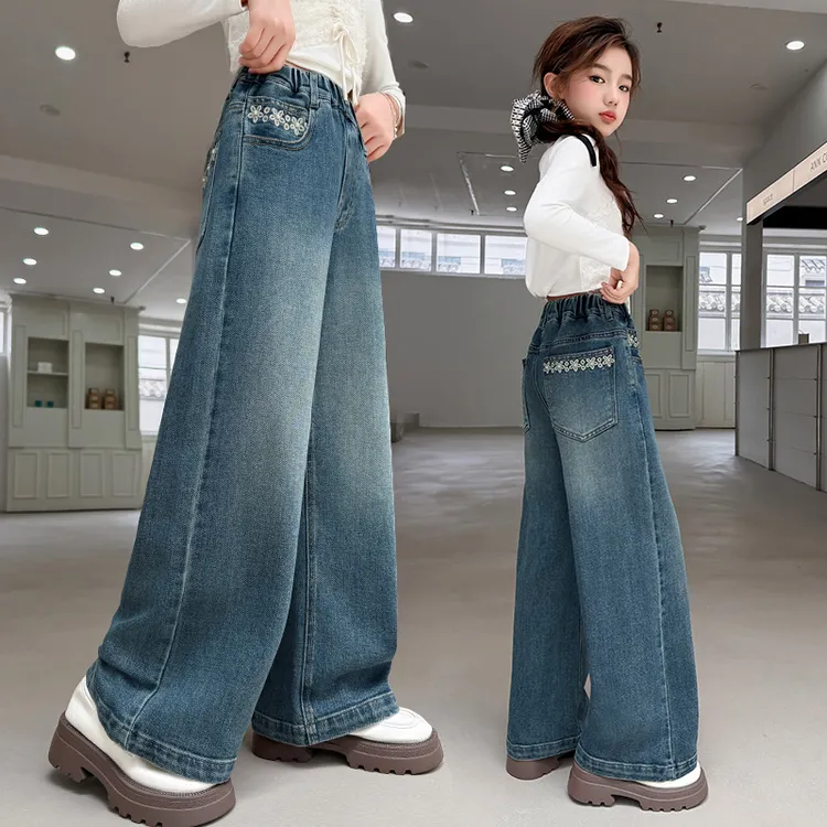 女童牛仔裤春秋款韩版宽松直筒裤女大童秋季阔腿裤小学生儿童裤子