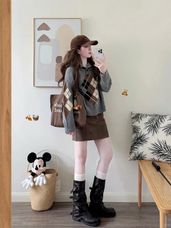 2025新款秋季韩系高级感慵懒风格子针织毛衣百搭半身裙两件套装