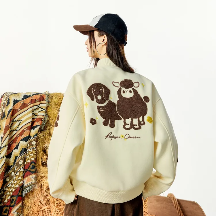 RickyIsClownRic趣味小羊与小狗毛巾绣棒球服夹克宽松情侣装外套
