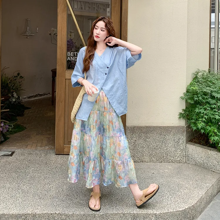 巨好看油画印花半身裙套装女2025夏季慵懒松弛感不规则衬衫两件套