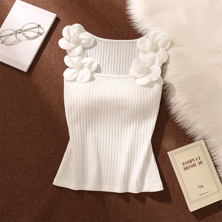 欧美吊带背心女夏季新款时尚气质休闲立体花朵装饰针织无袖上衣