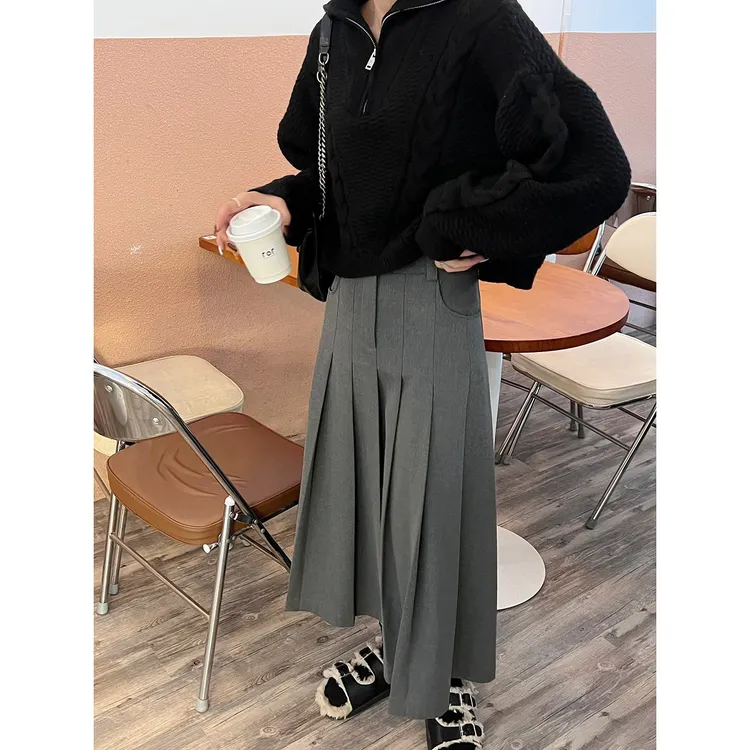 永远的鬼马少女 百褶裙 加长版长裙简约高腰通勤灰色纯色