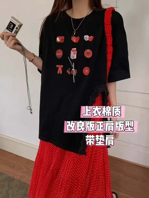 2025夏季新款大码女装韩系卡通开叉短袖上衣波点半身裙套装