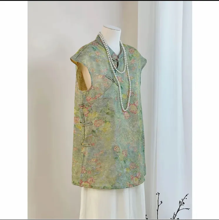 （春意）圆领新中式文艺刺绣夏季刺绣重工短袖上衣