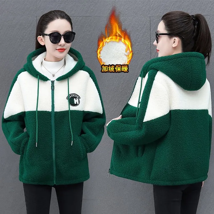 XR-01新款时尚连帽加绒秋冬厚外套洋气大码加厚保暖拼接撞色上衣