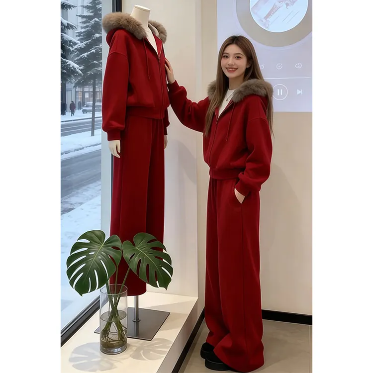 兹伊翰【新年战袍】2025秋冬季新款时尚毛领设计外套阔腿裤时尚套装