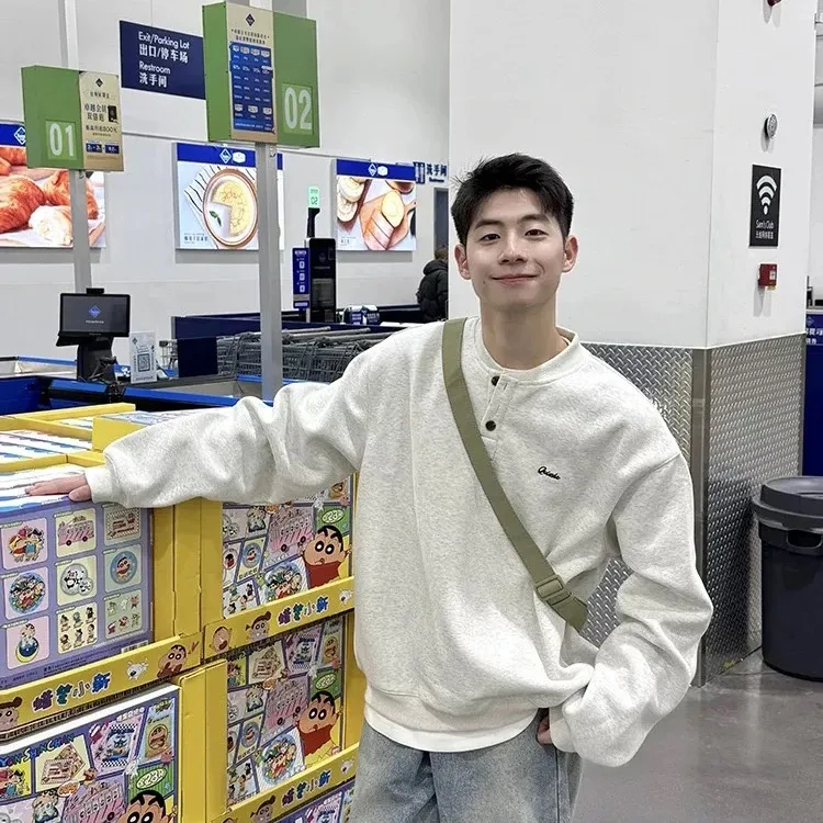 美式重磅亨利领纽扣卫衣男女秋季高级感加绒内搭花灰色棒球领上衣