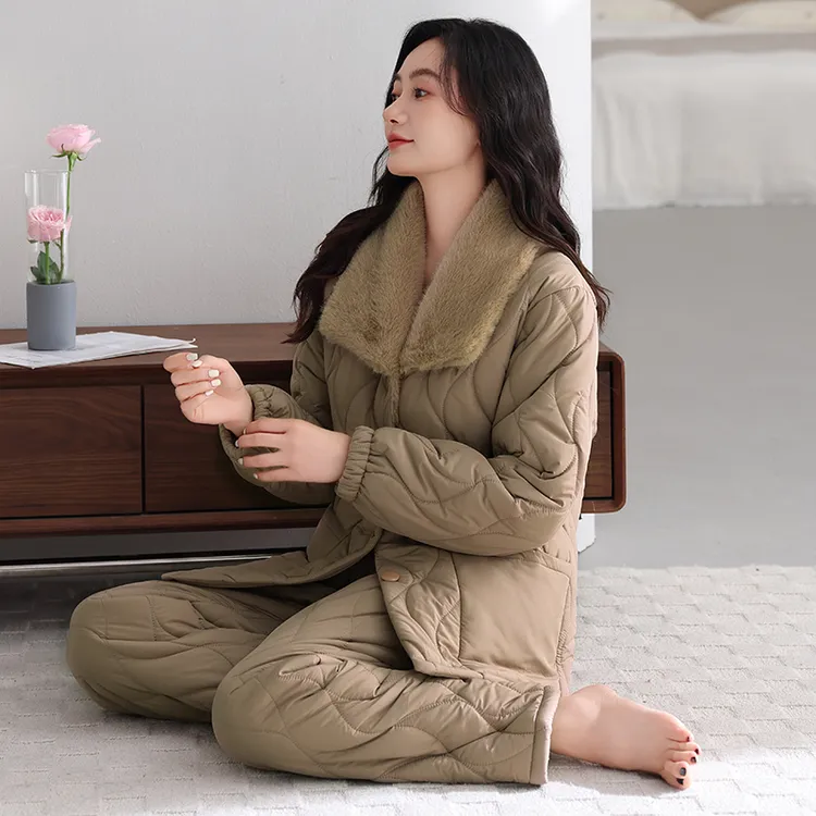 睡衣女款2025新款冬季三层加厚羽绒夹棉冬天珊瑚绒加绒保暖家居服