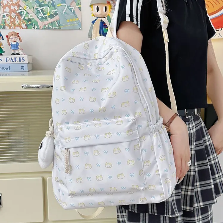 自制可爱蝴蝶结猫咪白色少女心书包温柔日系初中生大学生双肩背包