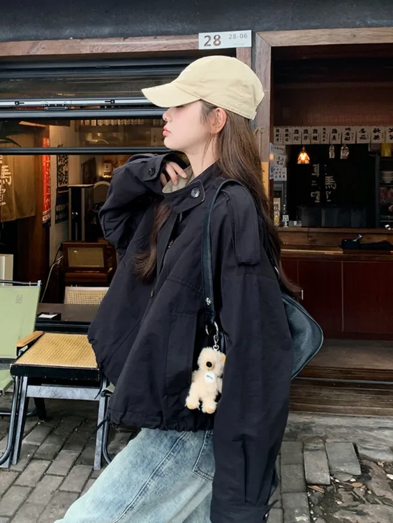 黑色立领工装短款外套女春秋小个子2025新款韩版宽松休闲chic夹克