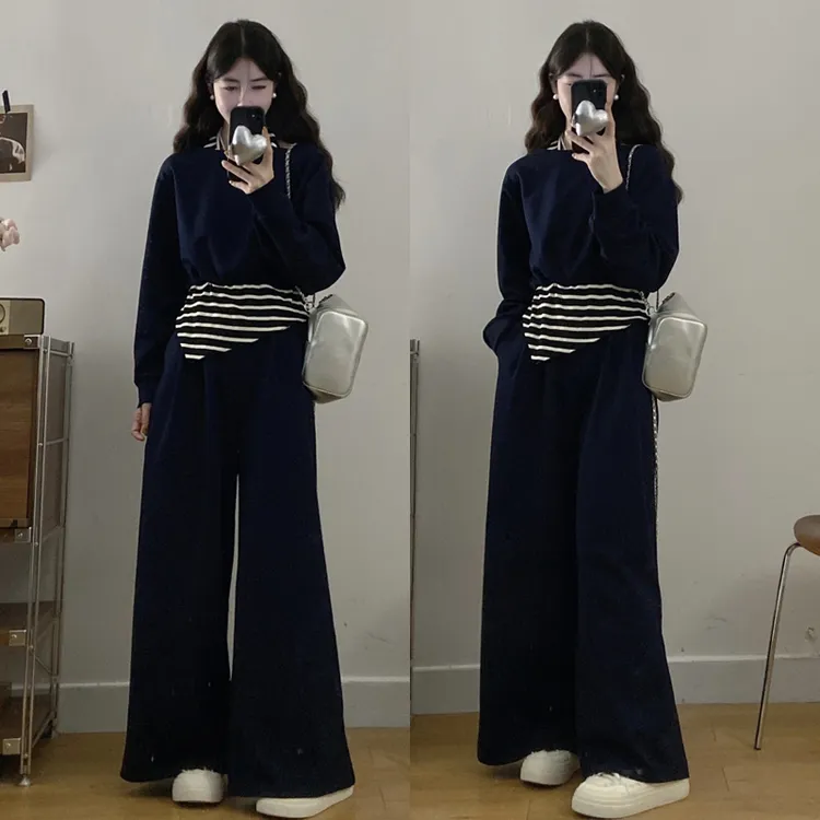 大码胖mm女装韩版时尚早秋装假两件卫衣阔腿裤两件套套装女