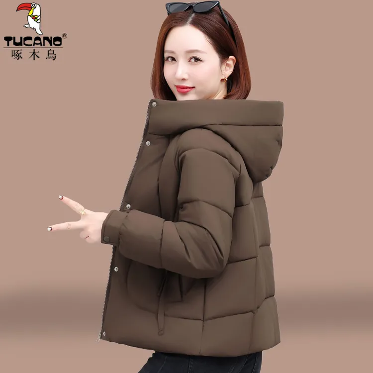 啄木鸟连帽棉衣女款2025新款冬季小个子洋气减龄休闲短款小棉袄