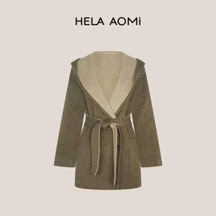 HELA AOMI“0压系列.双面穿”绵羊毛93.4%山羊绒连帽撞色外套