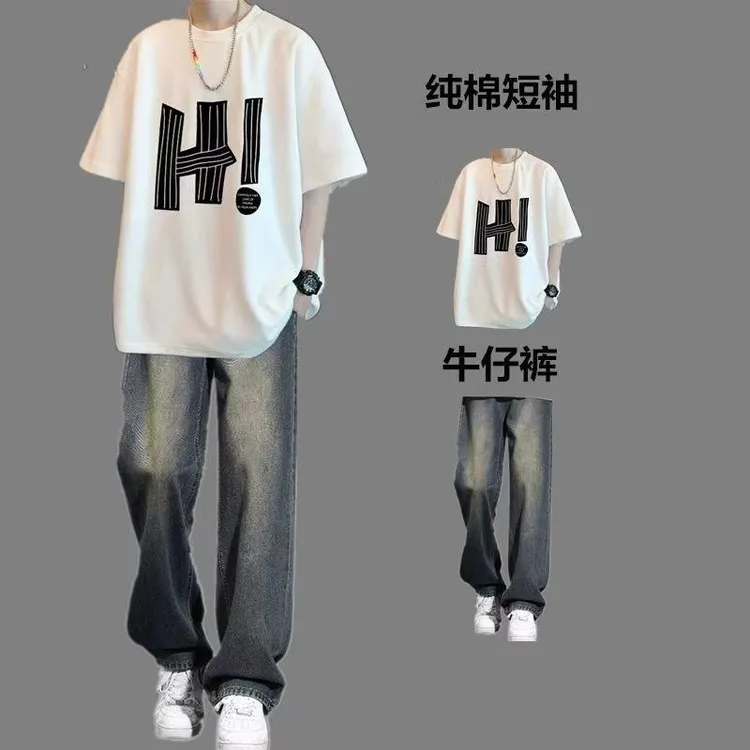 美式高街短袖t恤男生夏季套装ins潮牌高级感青少年酷帅穿搭一整套