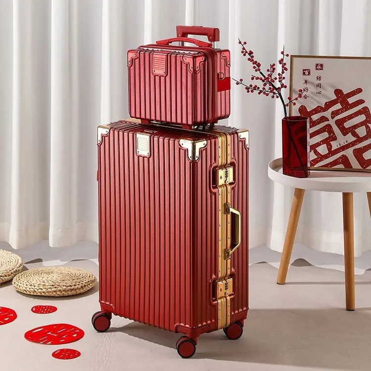 结婚酒红色行李箱新娘26寸嫁妆陪嫁女皮箱密码箱旅行箱铝框拉杆箱